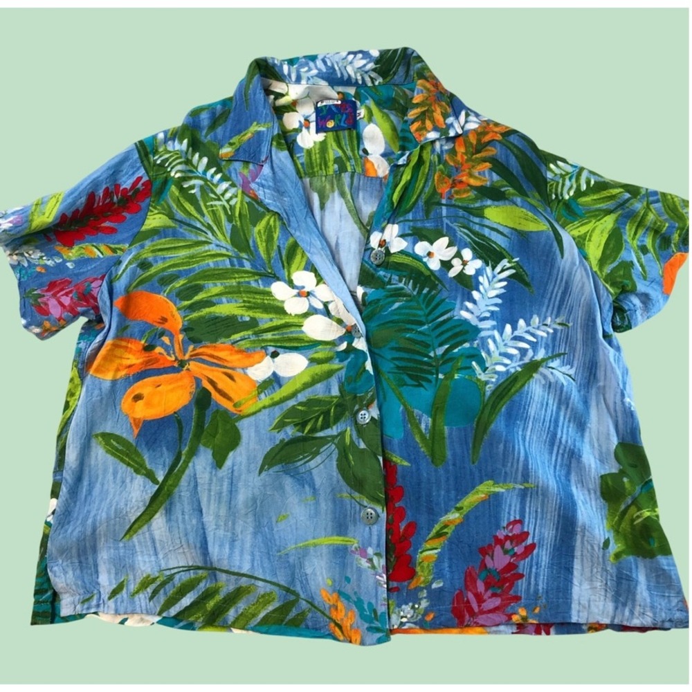 VTG Jams World Tropic Garden Button Shirt Rayon Womens M Hawaii USA Floral Aloha